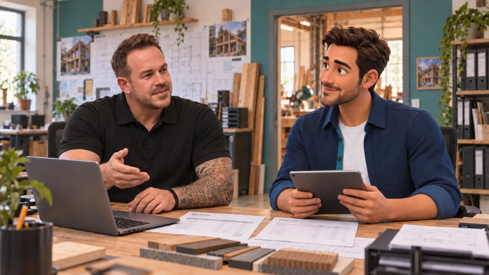 Matthias am Laptop arbeitet Leon anhand von Unterlagen ein