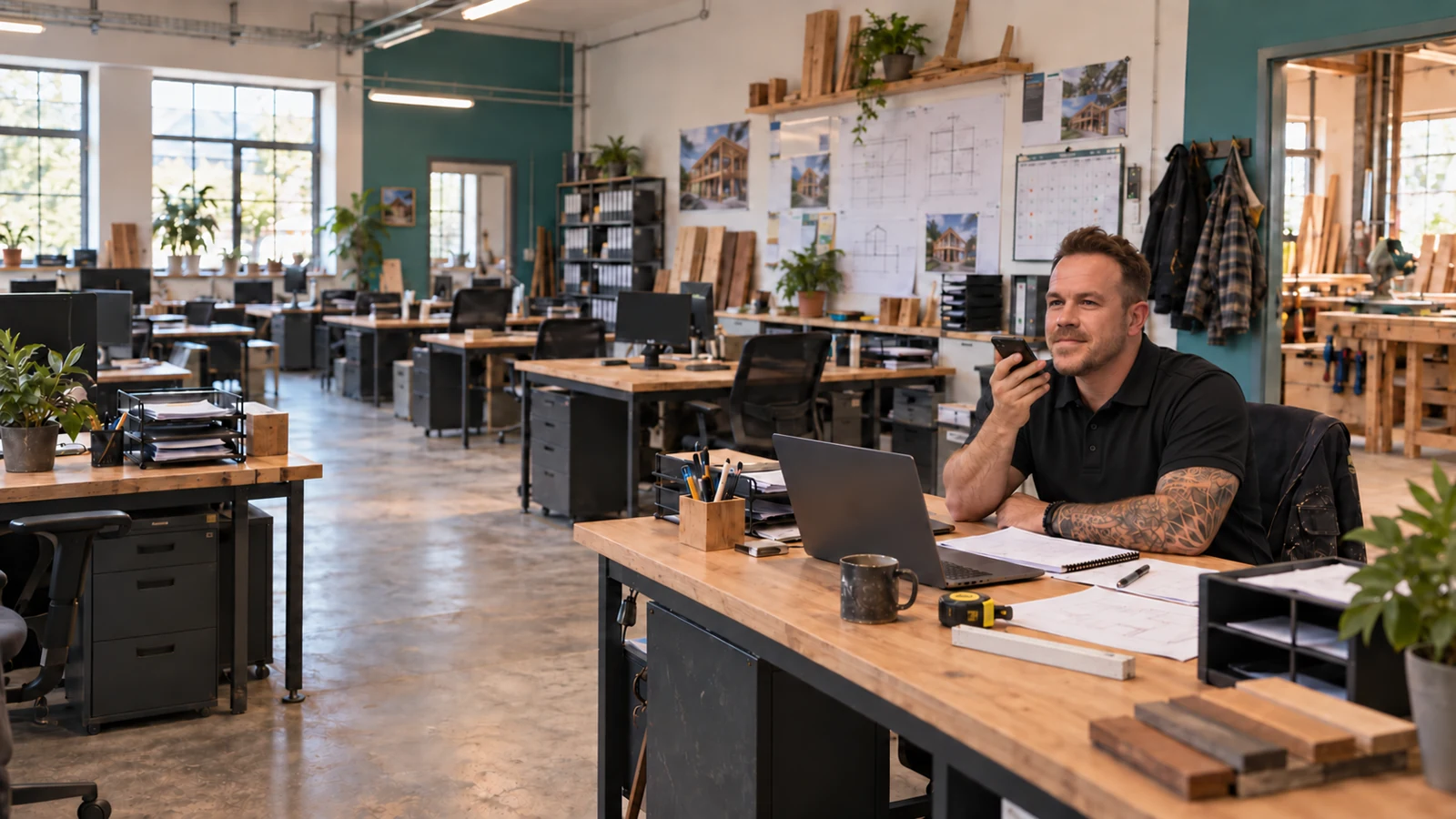 Matthias im Handwerkerbüro spricht eine Aufgabe ins Smartphone